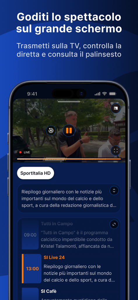 Interfaccia dell'app Sportitalia che mostra lo streaming sportivo live e il palinsesto TV su iPhone