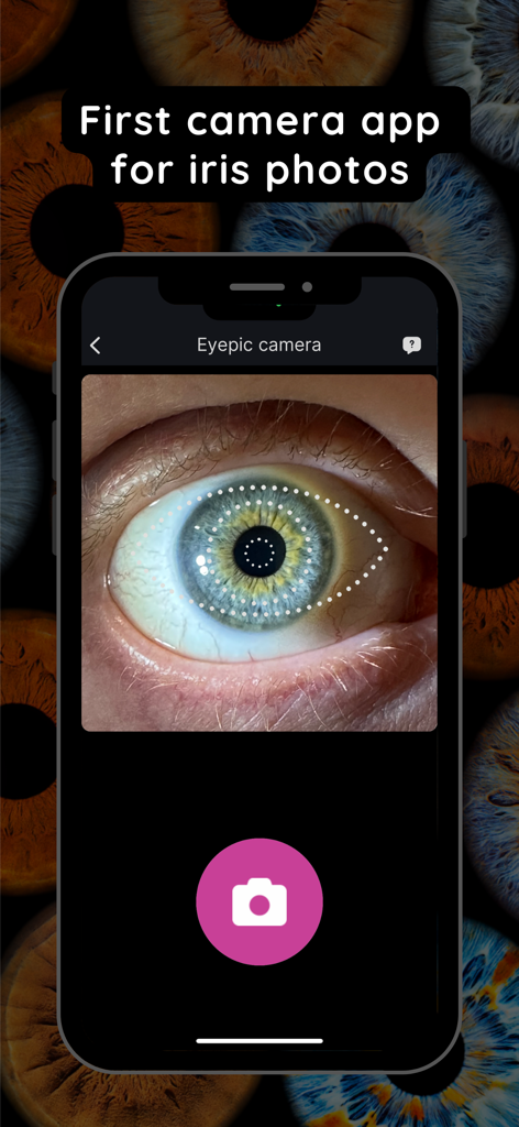 Eyepic: Eye Color Camera - Smartphone-Bildschirm zeigt die Eyepic-App-Oberfläche, die ein hochauflösendes Makrofoto einer menschlichen Iris aufnimmt.