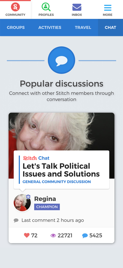 Stitch app screen showing a popular community discussion thread about political issues for members over 50.
