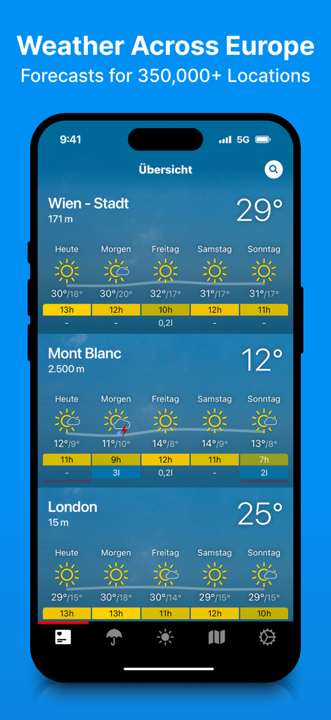 Interface do aplicativo bergfex exibindo previsões do tempo para cidades e picos de montanha em toda a Europa