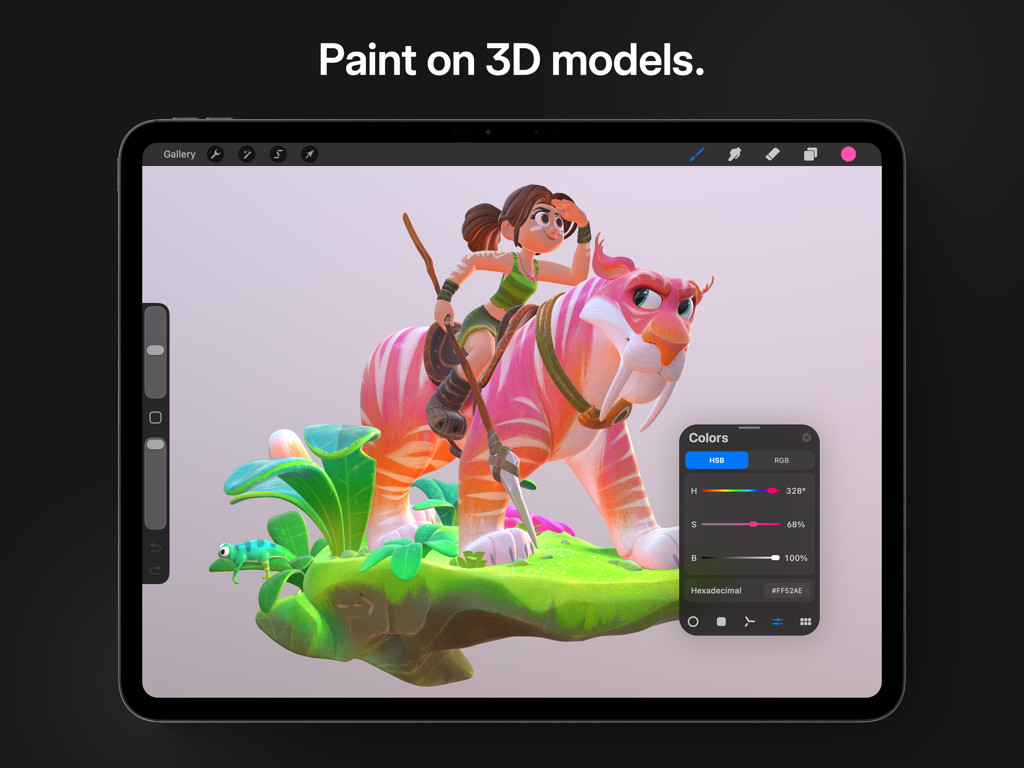 Procreate - iPad 화면에 Procreate 앱 인터페이스가 표시되고 호랑이를 타는 캐릭터가 3D 모델로 칠해지고 있습니다.