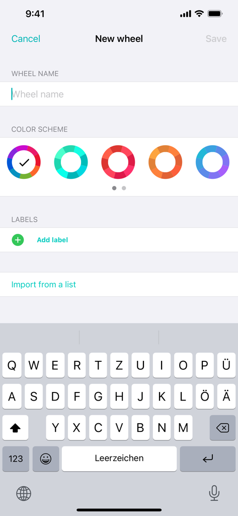 Interfaccia per la creazione di una nuova ruota decisionale personalizzata con schemi di colori e opzioni di etichetta