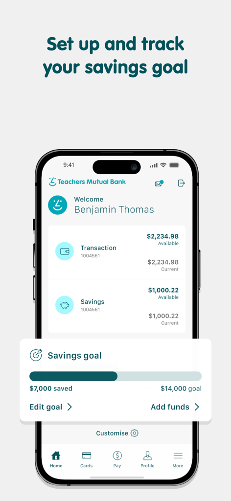 TMBank - A screenshot of the TMBank mobile app showing a savings goal progress bar with seven thousand dollars saved towards a fourteen thousand dollar goal