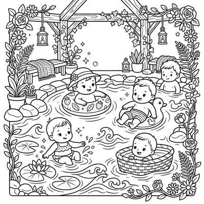 Discover pure joy with this enchanting coloring page featuring cheerful baby swimmers in a whimsical cottagecore setting. Perfect for little artists and grown-ups alike, this design blends rustic charm with adorable aquatic fun.