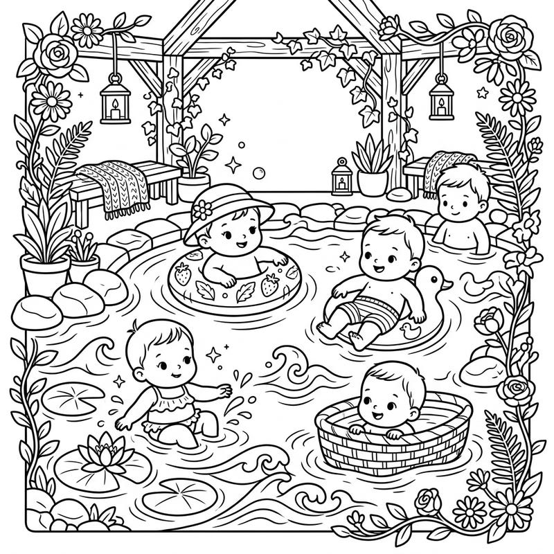 Discover pure joy with this enchanting coloring page featuring cheerful baby swimmers in a whimsical cottagecore setting. Perfect for little artists and grown-ups alike, this design blends rustic charm with adorable aquatic fun.