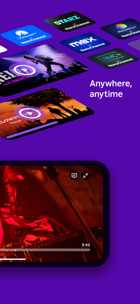 Roku App interface displaying various streaming channels and movie titles with a mobile player view
