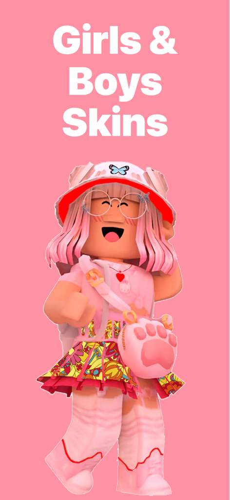 InkBlox: Coloring for Roblox - A pink-themed screenshot from the InkBlox app showing a Roblox girl character skin and the text Girls and Boys Skins.
