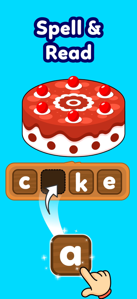Reading Games for Kids ABC App - Educational spelling game for kids showing how to spell the word cake with letter tiles.