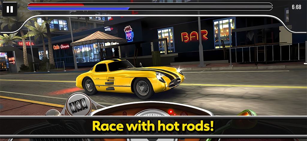 Classic Racing Car Game - Coche deportivo clásico amarillo compitiendo en una calle de ciudad iluminada con neones por la noche