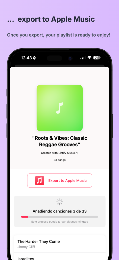 Listify Music AI - Interface of the Listify Music AI app showing a custom reggae playlist being exported to Apple Music.