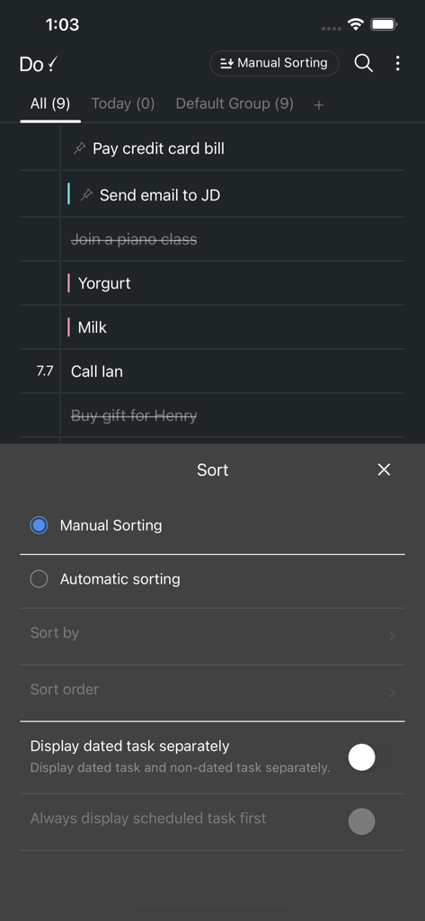 A screenshot of the Do app showing task list and sorting options in dark mode