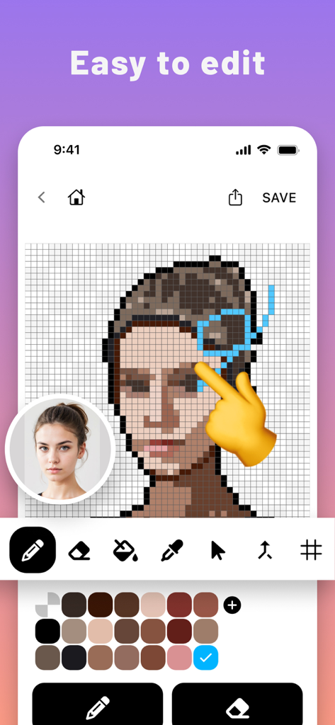 Interface de l'application PixelMe montrant une main modifiant manuellement un portrait pixélisé sur une grille avec divers outils de dessin