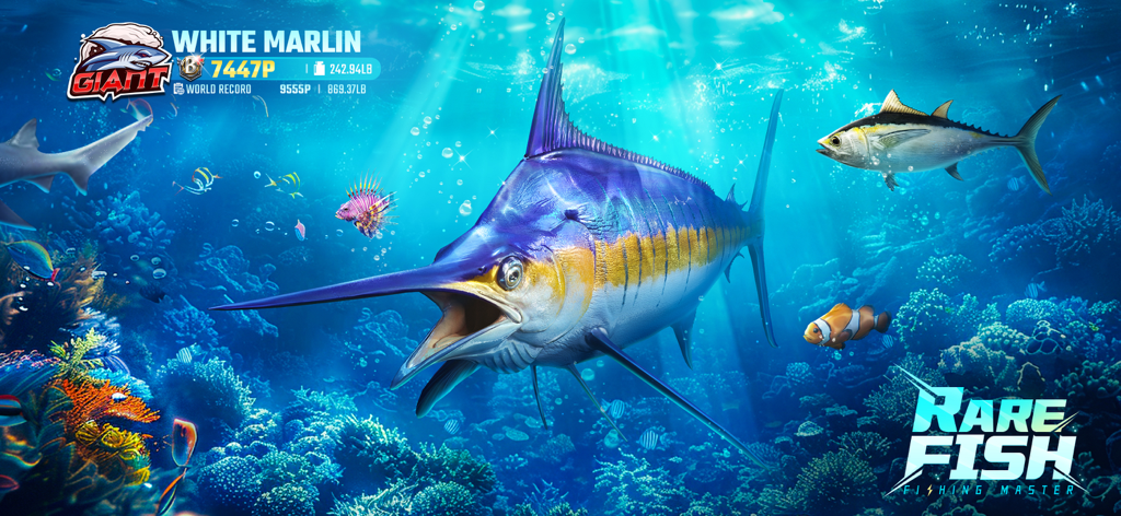 Un gigantesco marlín blanco nadando en un arrecife submarino con otros peces tropicales en Fishing Master.