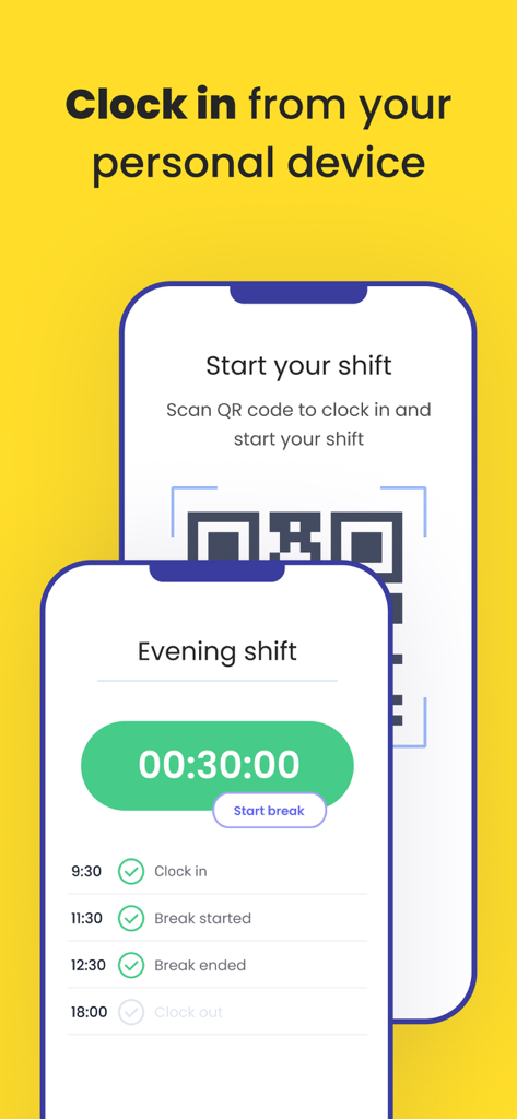 Ubeya - Ubeya mobile app interface showing QR code clock-in and shift timer features