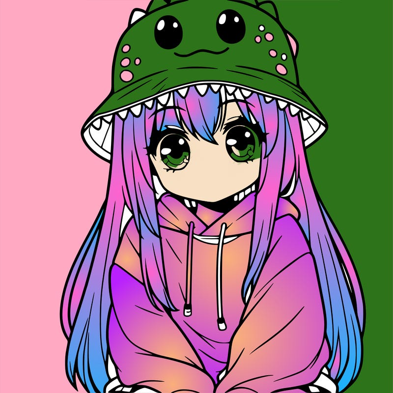 girl with anime shaped eyes with a dinosaur bucket hat oversized sweatshirt long straight hair