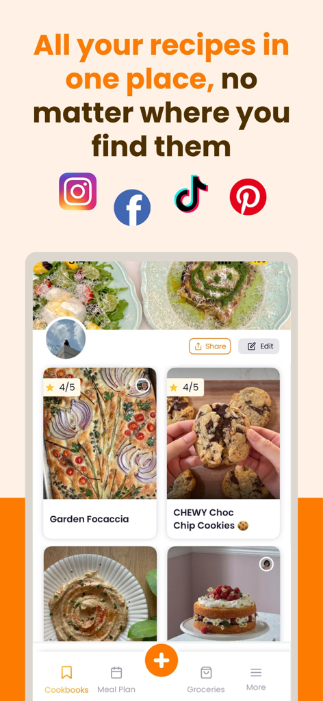 ReciMe: Recipes & Meal Planner - ReciMeモバイルアプリのインターフェース。Instagram、TikTok、Pinterestからインポートされたレシピを含むデジタルクックブックが表示されています。