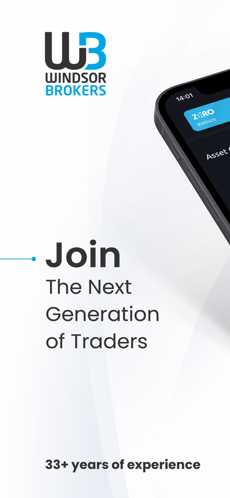 Windsor Brokers - Windsor Brokers app welcome screen featuring the slogan Join The Next Generation of Traders and 33 plus years of experience