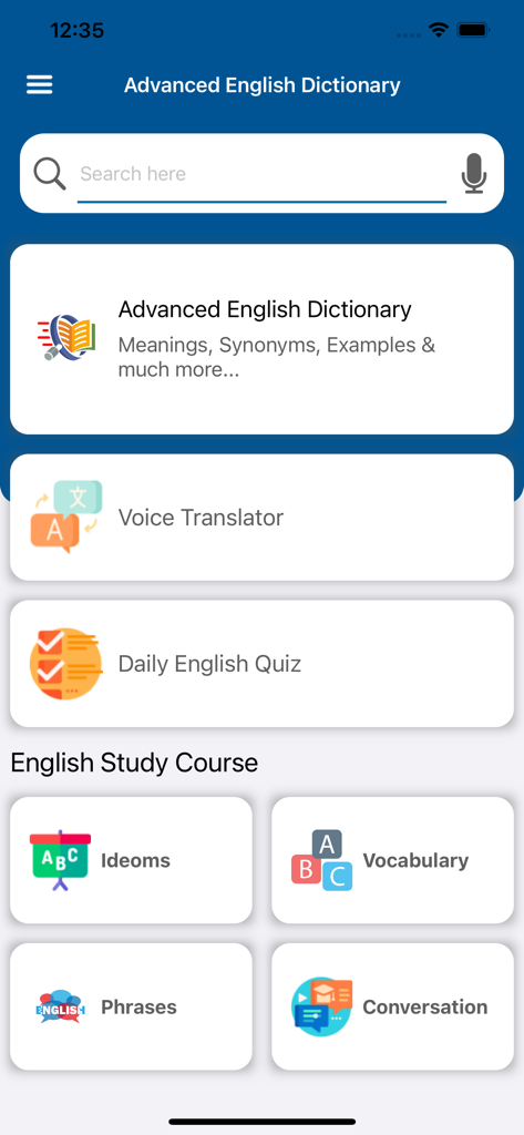 Dashboard of the Advance English Dictionary mobile app showing dictionary, translator, and study modules.