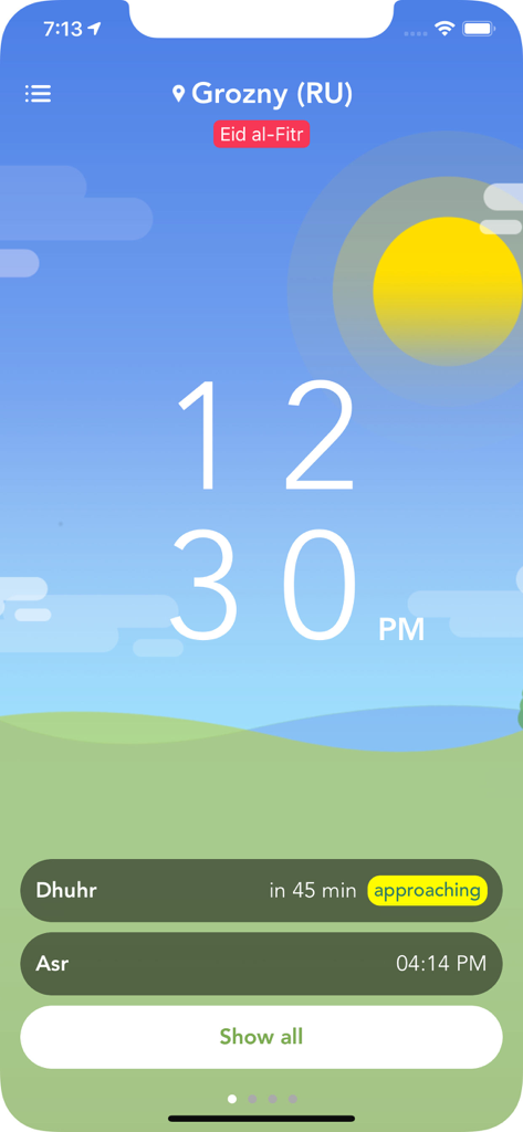1Muslim-App-Dashboard mit dem Countdown für das Dhuhr-Gebet und der kommenden Asr-Zeit auf einem minimalistischen Hintergrund.