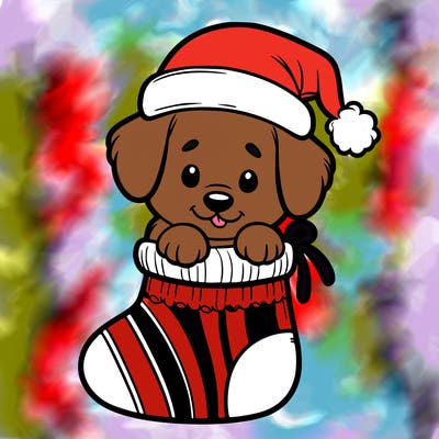 cute puppy wearing santa hat in socking