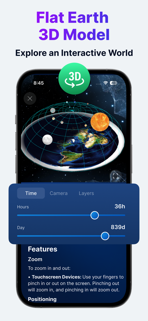 Flataverse: Explore Flat Earth - Interactive 3D flat earth model simulation on the Flataverse mobile app interface