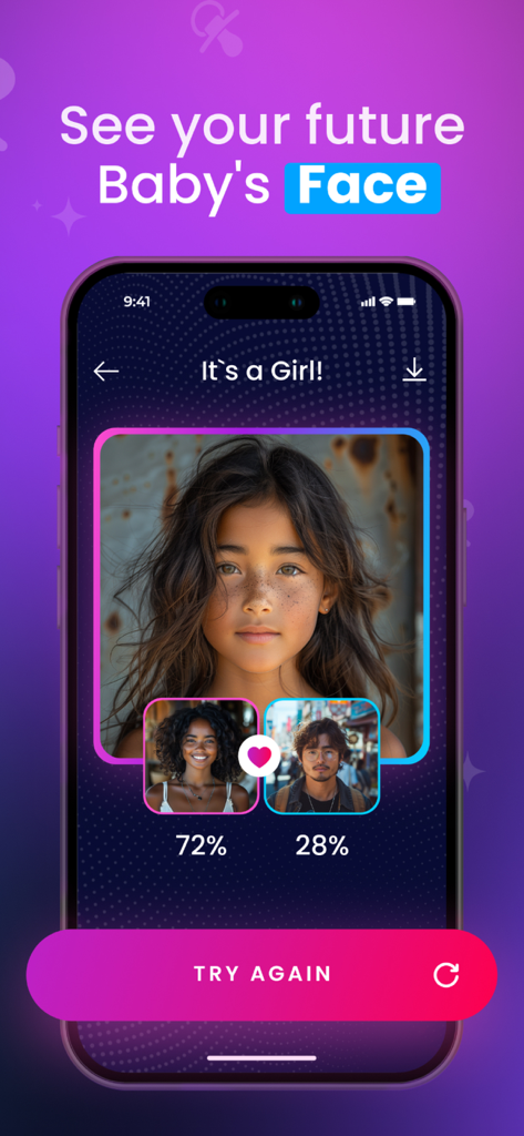 Baby Generator: AI Future Face - A smartphone displaying an AI-generated future baby girl's face based on photos of two parents.