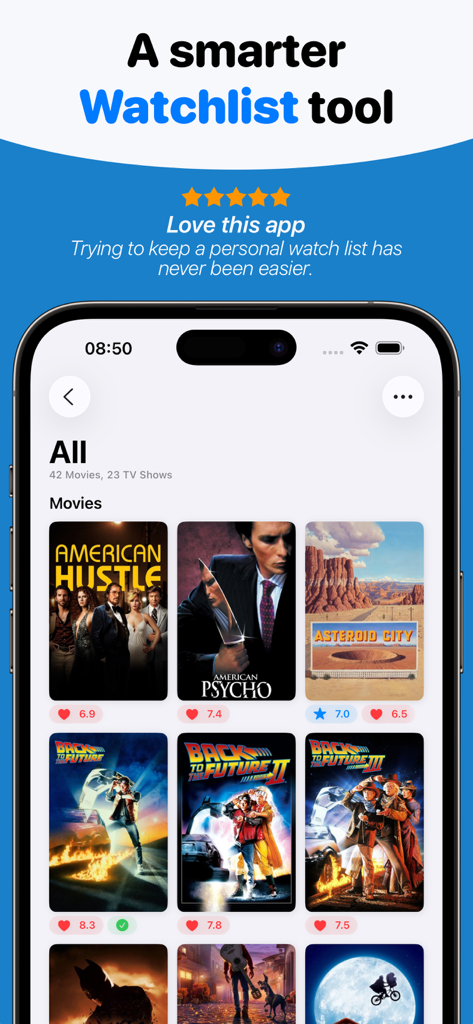Movie Tracker: Watchlist - Captura de pantalla del iPhone de la aplicación Movie Tracker que muestra una lista de seguimiento de películas con póster y calificaciones