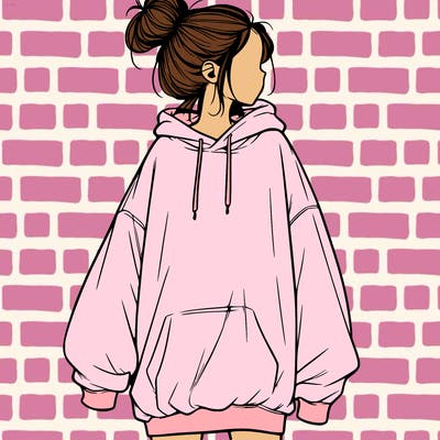 realistic girl with a oversized sweatshirt on and a bun