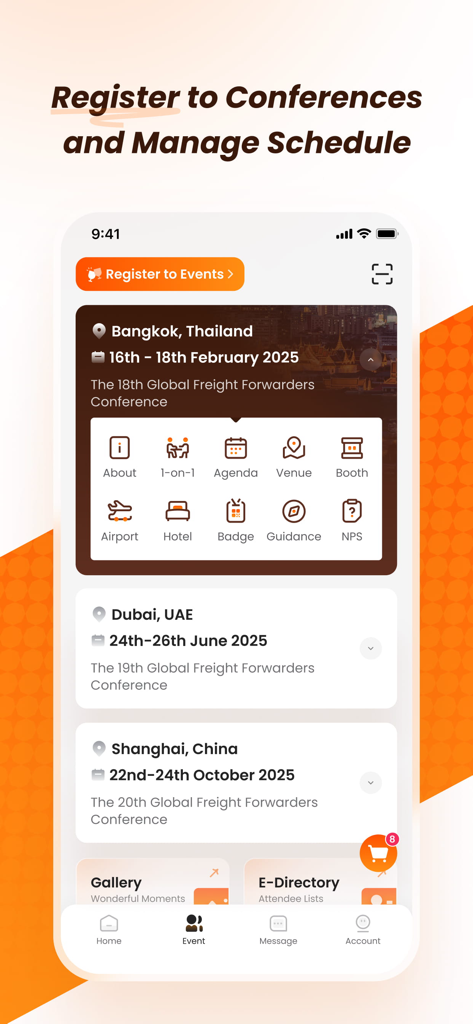 Écran mobile de l'application JCtrans affichant les détails des conférences de transitaires mondiaux et les options d'inscription.