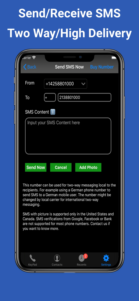 TalkTT app interface for sending and receiving international SMS messages