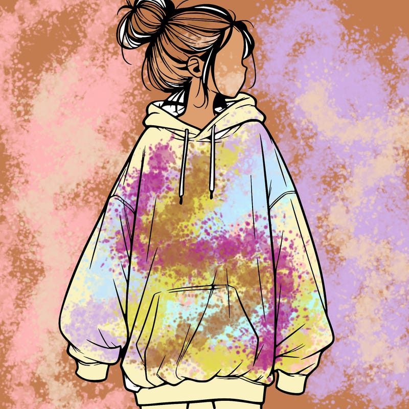 realistic girl with a oversized sweatshirt on and a bun
