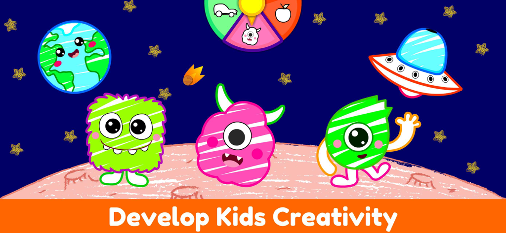 Coloring Games for Kids, Baby. - Three colorful cartoon monsters on a moon-like surface with a spaceship and Earth in space, promoting creativity development for kids.