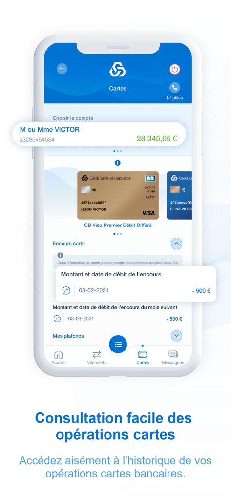Interfaz de la aplicación CGD Mobile mostrando detalles de la tarjeta bancaria e historial de transacciones