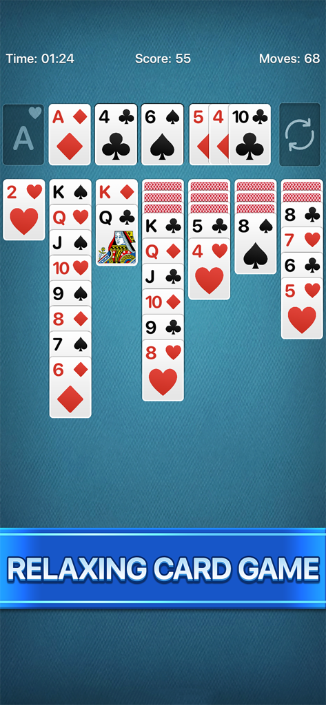 Solitaire Calm, Relax and Play - A game of classic Klondike Solitaire on a blue textured background with a Relaxing Card Game banner