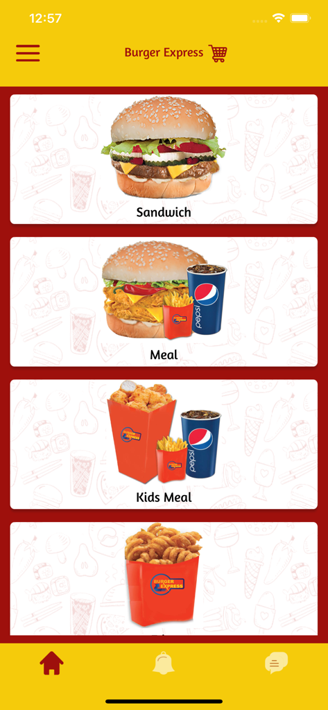 Burger-Express - Burger Express mobile app menu page displaying categories for sandwiches and meals