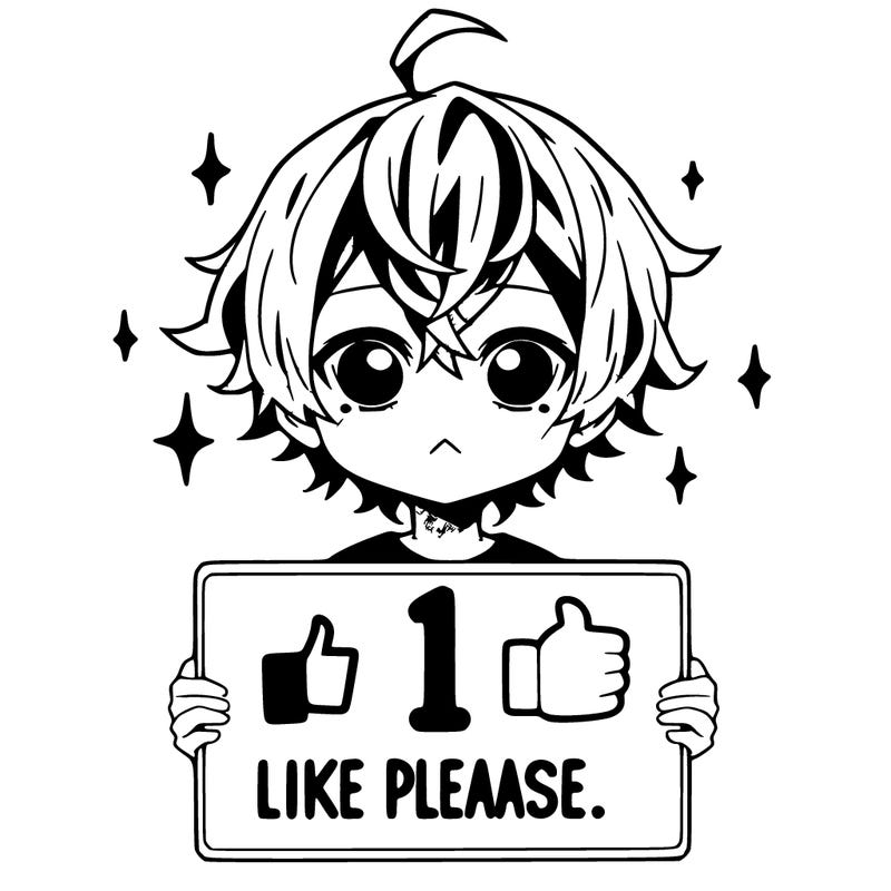 anime boy with a sign saying 1 like please