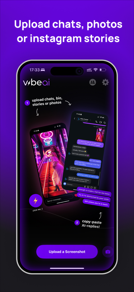 Vibe App‎ - Vibe AI app interface showing how to upload chat screenshots and get AI generated replies.