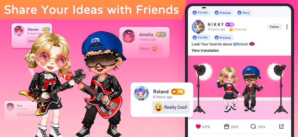 Interfaz de la aplicación YoYa Time que muestra avatares con atuendos de rockstar y un feed de redes sociales para compartir ideas creativas