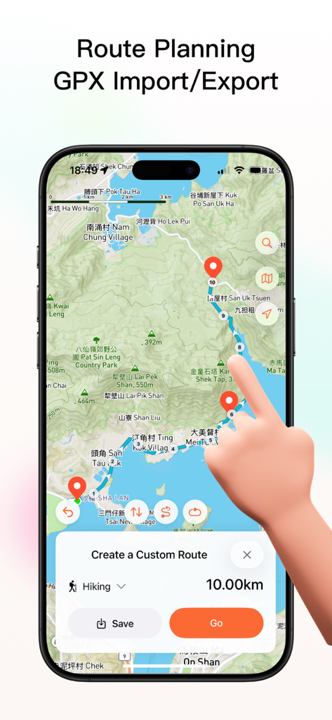 Tooboo - Hiking Trail Guides - Smartphone screen showing the Tooboo app route planning interface with a hand creating a custom hiking path on a topographic map