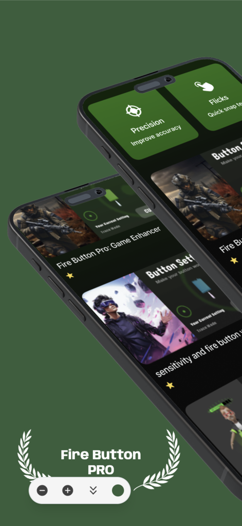 Interfaz de la aplicación Fire Button Pro mostrando características de precisión y flicks para juegos en dispositivos móviles