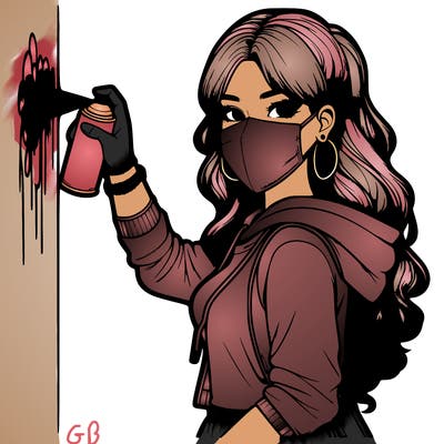 realistic girl with mask spray painting a wall