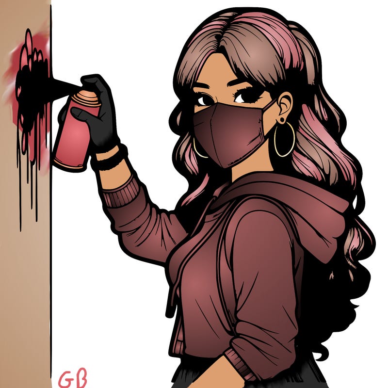 realistic girl with mask spray painting a wall