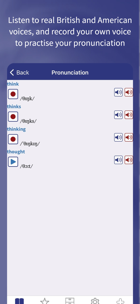 Oxford Learner’s Dictionaries - Oxford Learner’s Dictionaries app interface showing English pronunciation practice with British and American accents