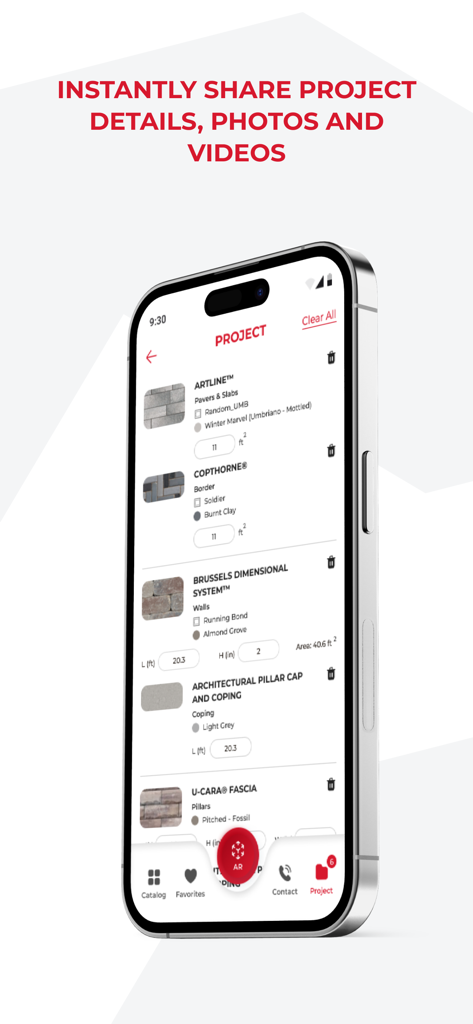 Uview AR Landscape Visualizer - Pantalla de resumen de proyecto de paisaje en la aplicación Uview AR que muestra los productos de adoquines y muros seleccionados.
