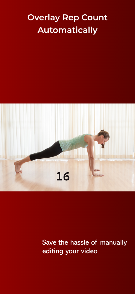 GymCam - Camera Rep Counting - GymCam app screen showing a woman in a plank with an automatic rep count overlay of 16