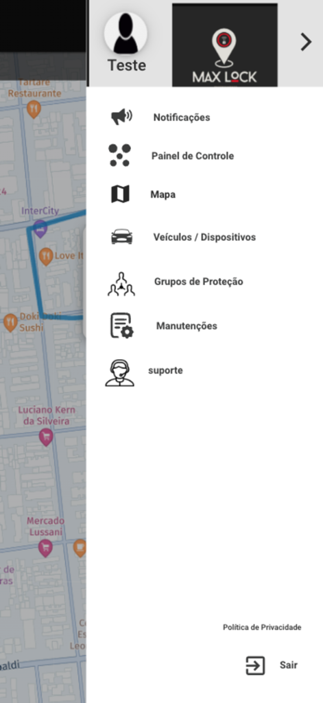 Menú de navegación lateral de la aplicación de rastreo vehicular Max Lock que muestra opciones de notificaciones, panel de control, mapa y gestión de vehículos.