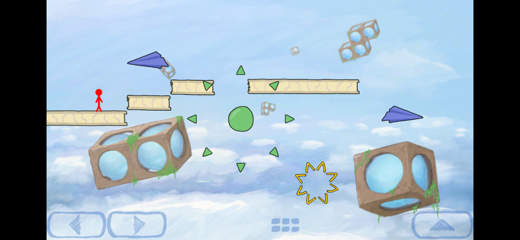 Gameplay of Trace 2 showing a red stick figure on hand drawn platforms in a painterly cloud world