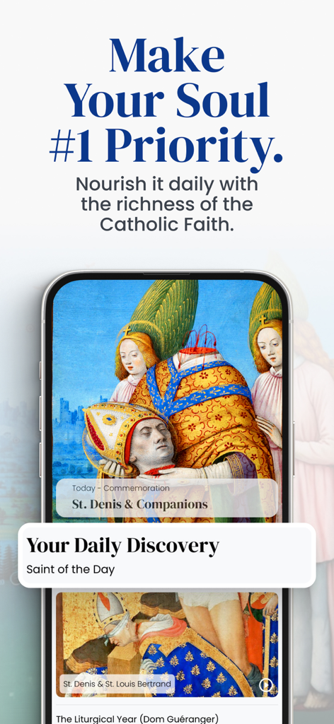 Sanctifica: Catholic Calendar - Sanctifica Catholic app screen displaying Saint of the Day feature with traditional religious art