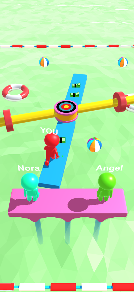 WipeOut Run - WipeOut Runモバイルゲームで水上のカラフルな回転障害物コースをナビゲートするキャラクター