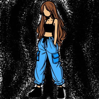 girl in baggy pants crop top and long hair